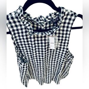 New With Tags! J. Crew Ruffle-Neck Sleeveless Blouse in Black and White Linen